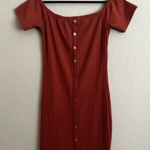 Rust Orange Midi Cold Shoulder Dress with gold Button Detail